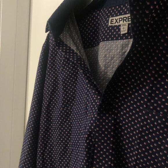 Express Mens Fitted Polka Dot Button Down Shirt Navy Blue Lrge - Picture 3 of 7